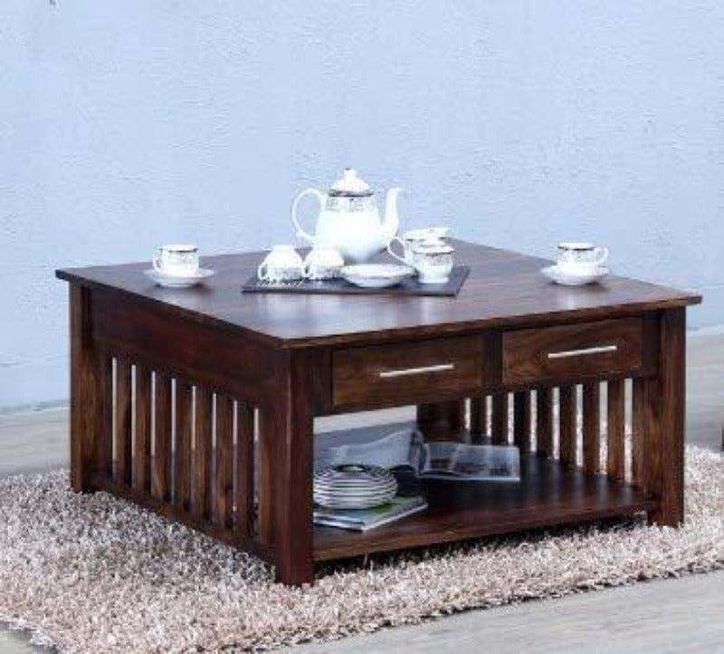 Handmade Solid Mango Wood Coffee Table with 4 Drawers - drawer open view