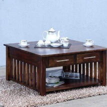 Handmade Solid Mango Wood Coffee Table with 4 Drawers - drawer open view