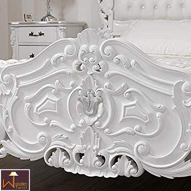 Super king Size Teak Wood Bed Heavy Carved with Cushioned Design - WoodenTwist