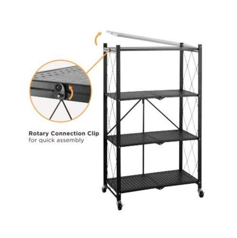 Metal Adjustable and Foldable Storage Rack Unit with Wheel 4 Layer Foldable (Black) - WoodenTwist