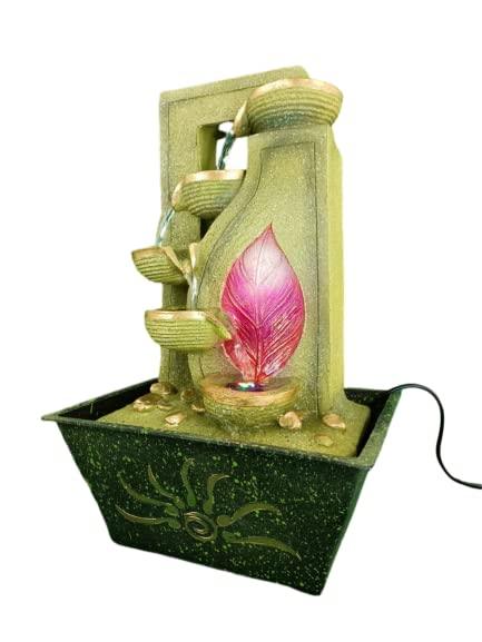 4 Step Brown Diya & Leaf Design Water Fountain with Golden LED - WoodenTwist
