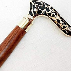 Antique Brass Design Head Handle Vintage Style Wooden Walking Cane Stick - WoodenTwist