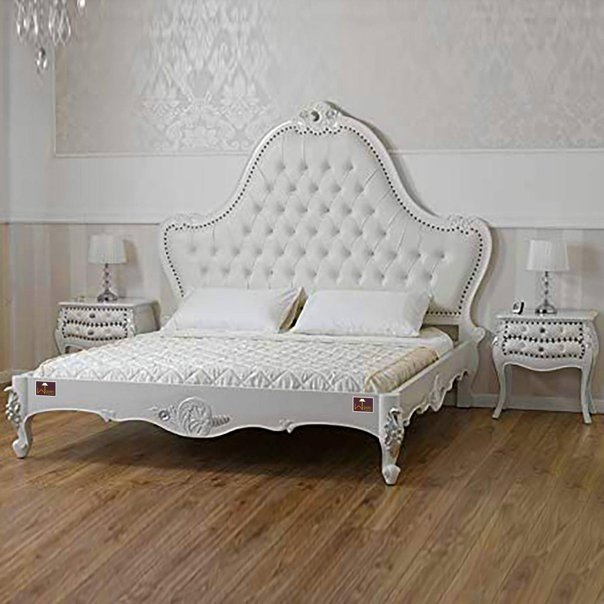 Super King Size Teak Wood Bed Hand Carved with Cushioned Design - WoodenTwist