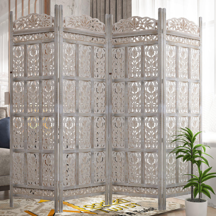 Carved Wood Room Divider Screen Antique White Wash Rustic Finish - WoodenTwist