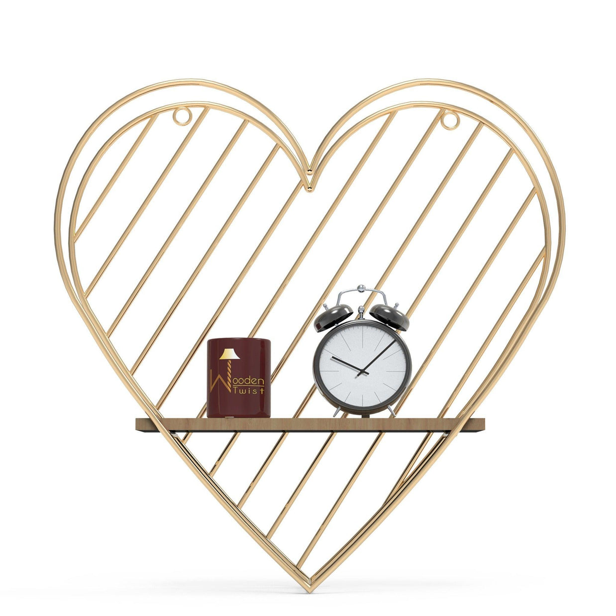 Wood and iron heart wall shelf side view