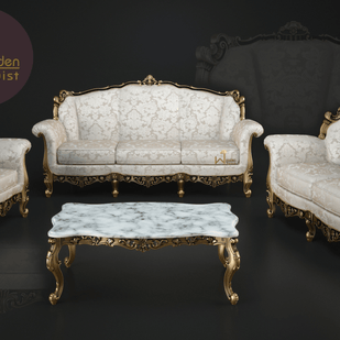 Carved 6 Seater Teak Wood Sofa Set With Centre Table In Antique Gold Finish - WoodenTwist