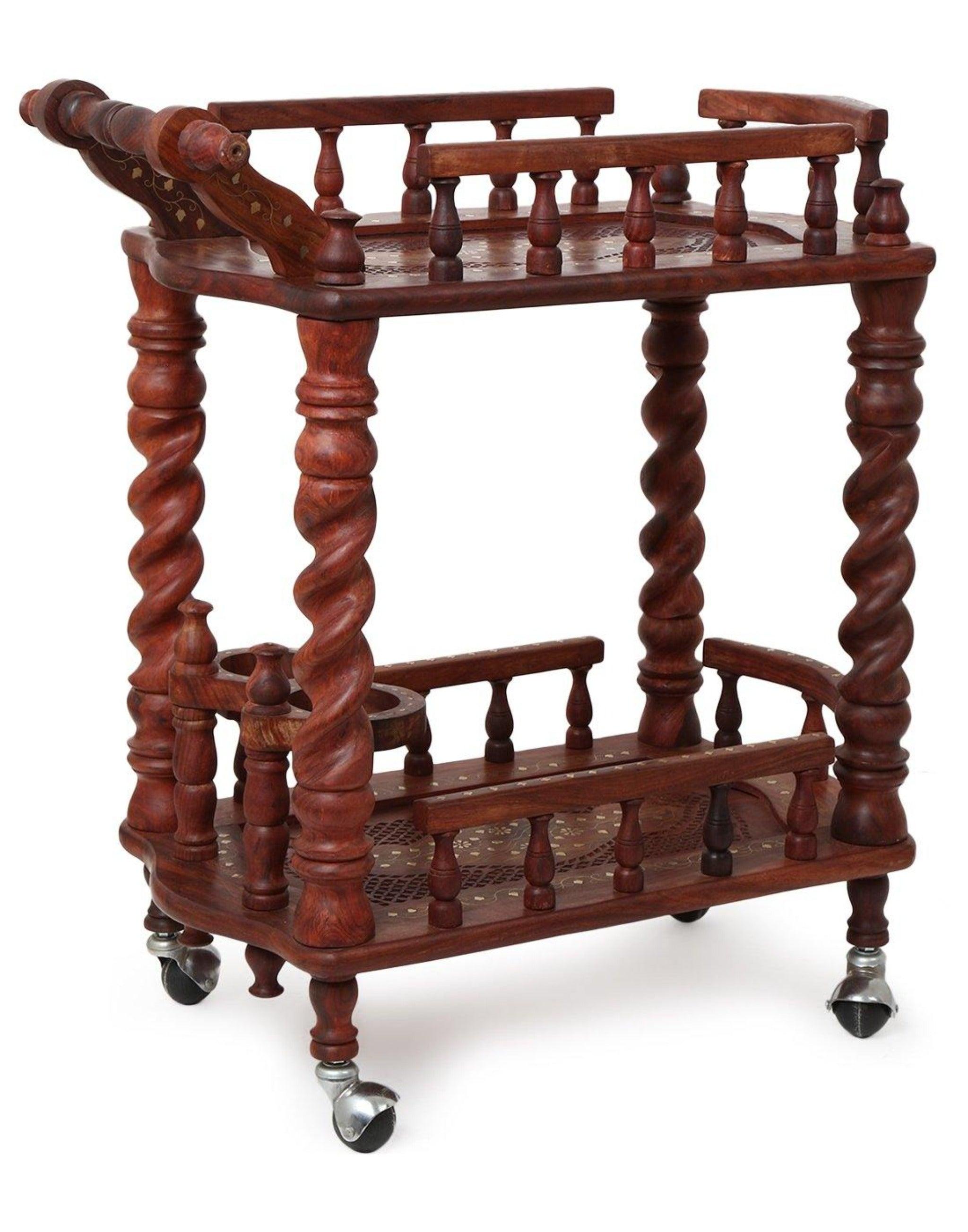 Juniper Cyprus Sheesham Wood Serving Trolley, Brown - wheels detail