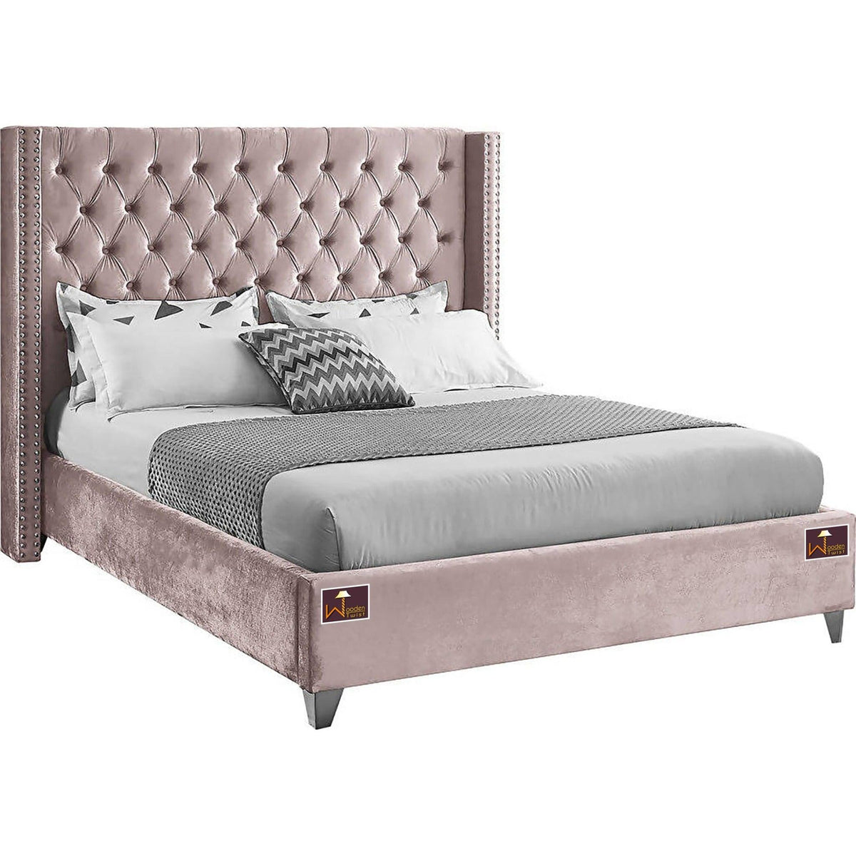 Upholstered Panel Bed Frame with Diamond Tufted and Nailhead Trim Wingback Headboard, Queen Size - WoodenTwist