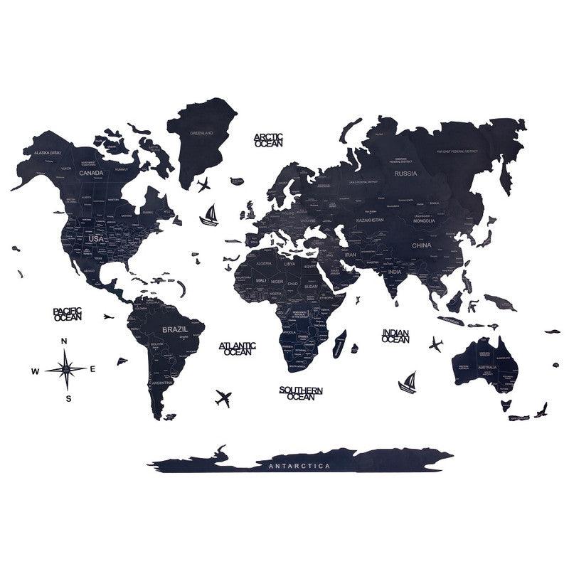 2D Colored Wooden World Map Prussian Blue Basic - WoodenTwist