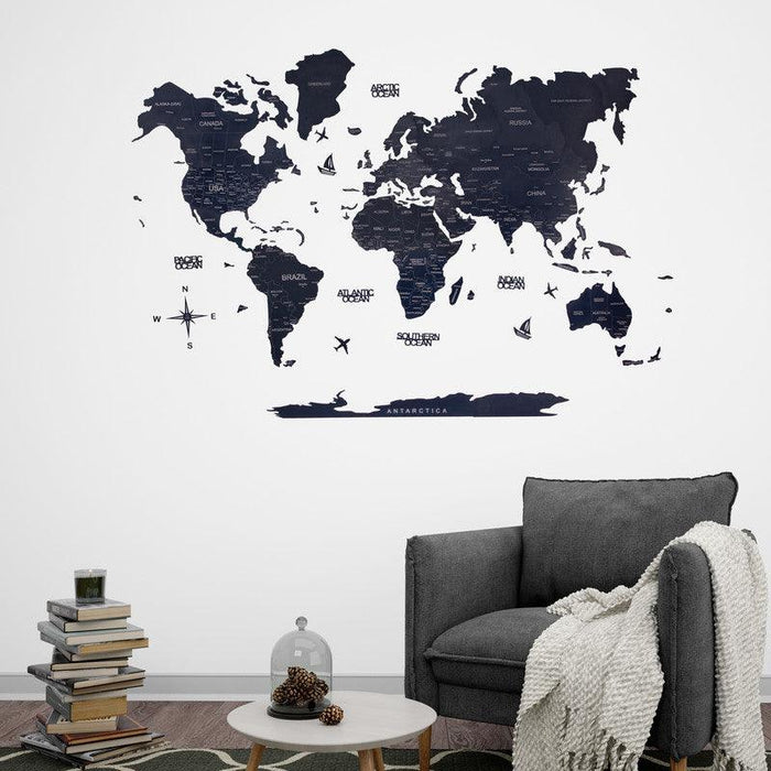 2D Colored Wooden World Map Prussian Blue Basic - WoodenTwist