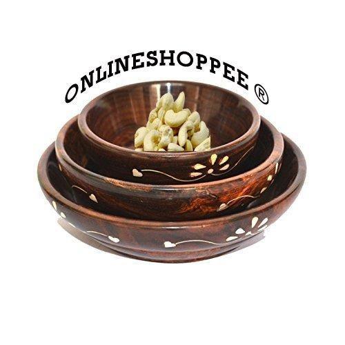 Sheesham wood bowl set brass carved detail close up