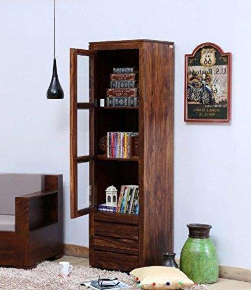 Teak Wood Bookcase with 3 Drawers for Living Room - Provincial Finish, front view