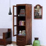 Teak Wood Bookcase with 3 Drawers for Living Room - Provincial Finish, front view