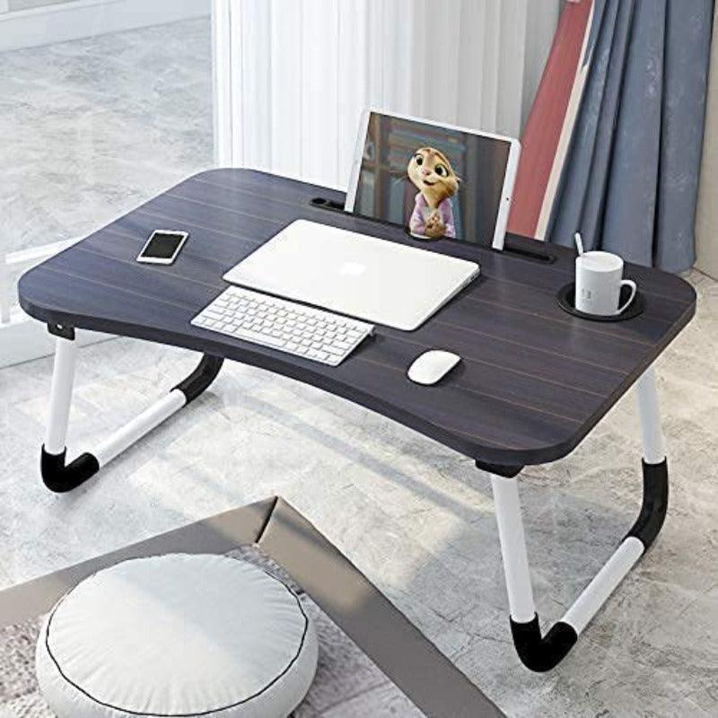 Foldable Laptop Table With Cup Holder And Mobile Tablet Holder (Grey) - WoodenTwist