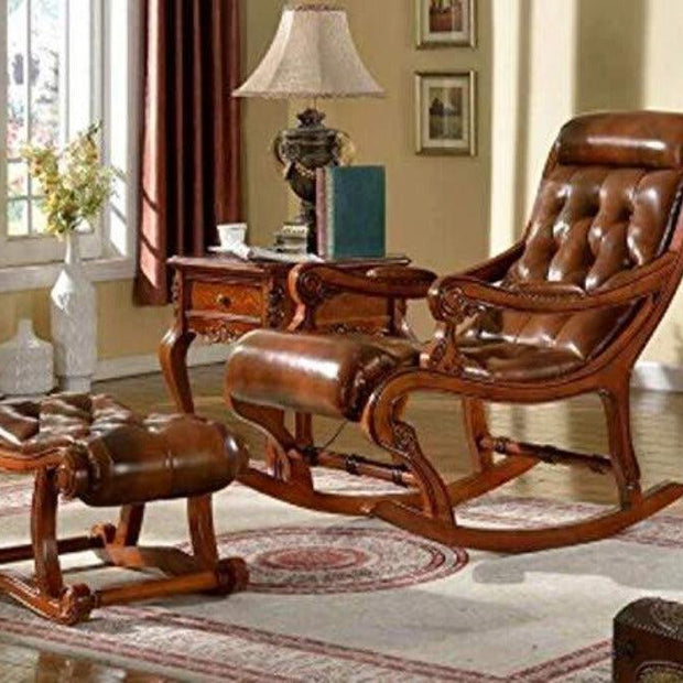 Wooden Royal Carved Rocking Chair With foot Rest - WoodenTwist