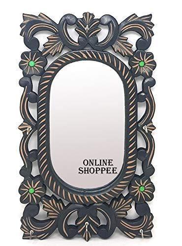 Wooden Antique Oval Shaped Mirror with Key Holder - WoodenTwist