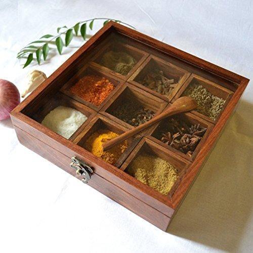 Handcrafted wooden spice box container brown finish