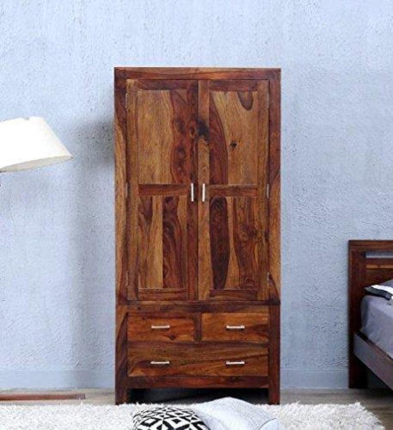 Sheesham Wood Wardrobe with 3 Drawers and Double Doors - front view