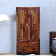 Sheesham Wood Wardrobe with 3 Drawers and Double Doors - front view