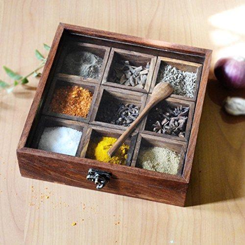 Mango wood spice box container with lid closed