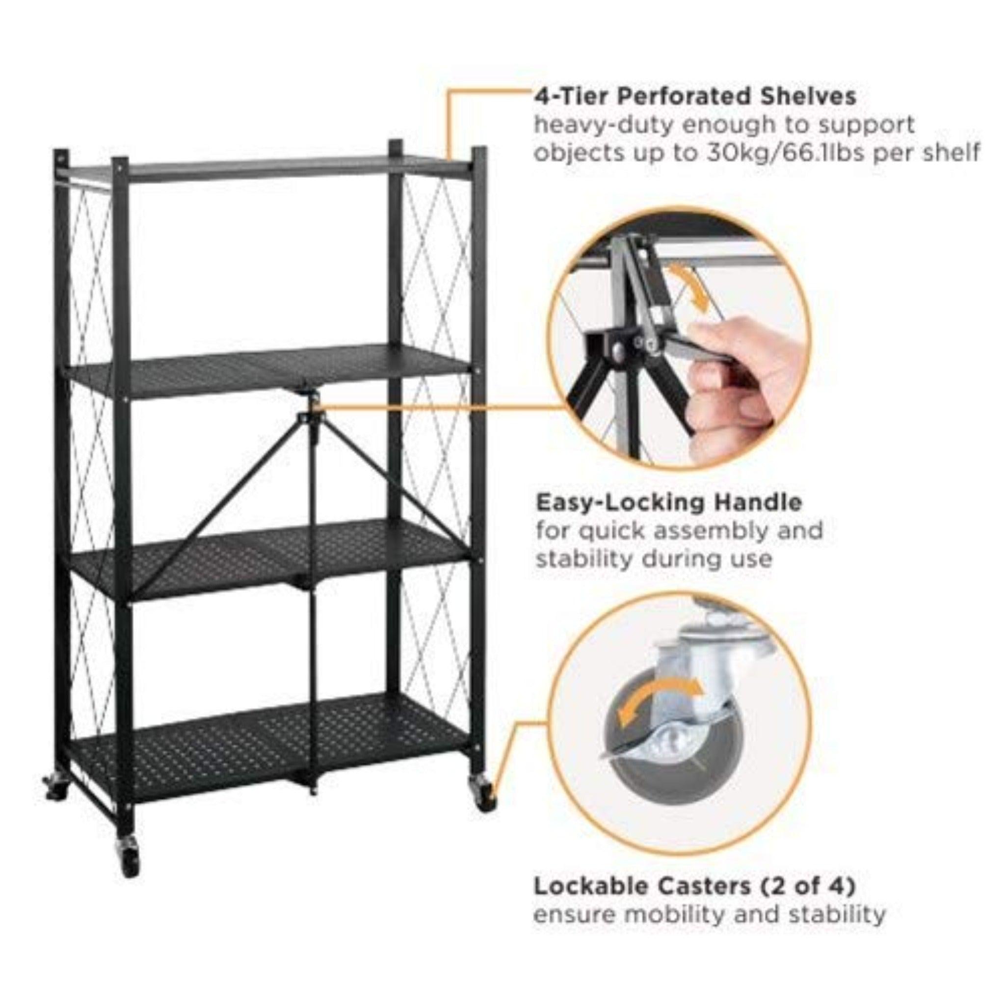 Metal Adjustable and Foldable Storage Rack Unit with Wheel 4 Layer Foldable (Black) - WoodenTwist