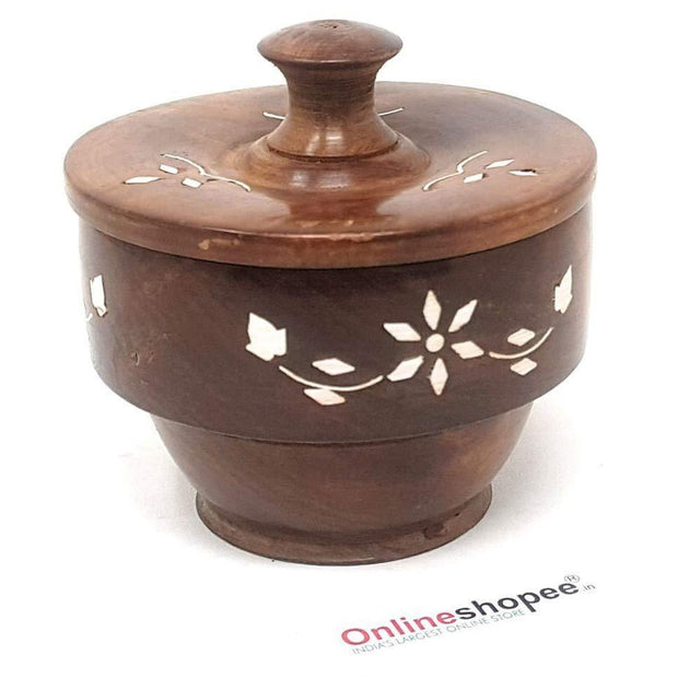 Sheesham wood bowl with covering plate lifted off