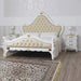 White Queen Size Teak Wood Bed Hand Carved with Cushioned Design - WoodenTwist