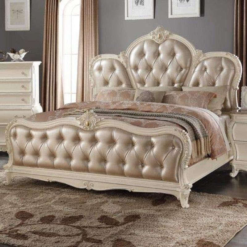 Wooden King Size Bed Teak Wood with Luxury Carving Work and Beautiful interiors for Royal Bed (Beige) - WoodenTwist