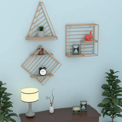 Metallic Twist Wood Iron Storage Wall Shelf Set Of 3 - WoodenTwist