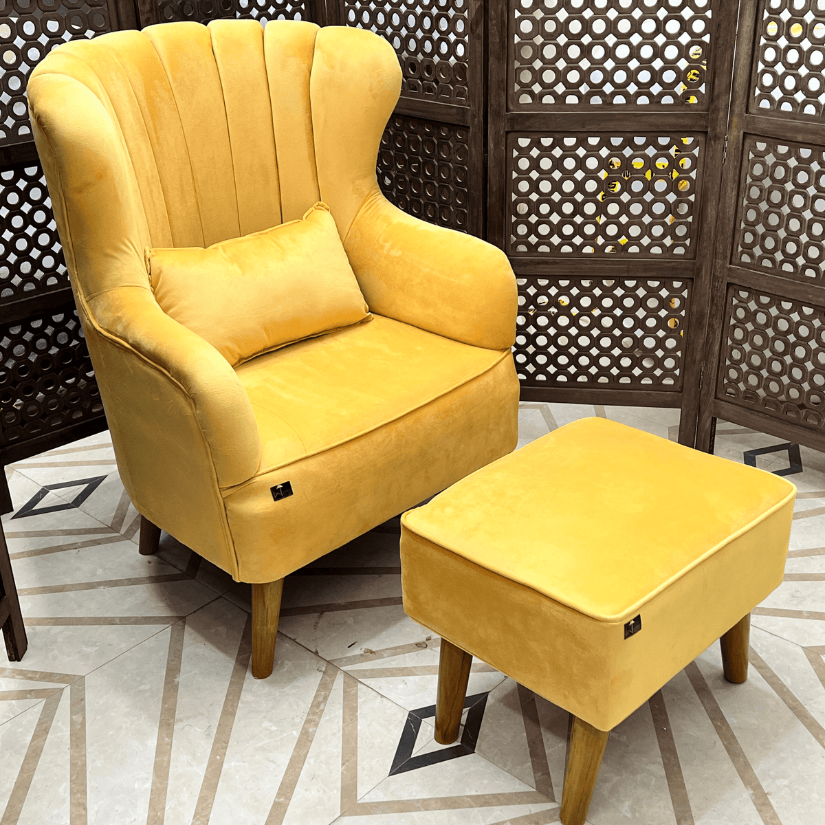 Harden Wide Tufted Wingback Chair With Footrest - WoodenTwist