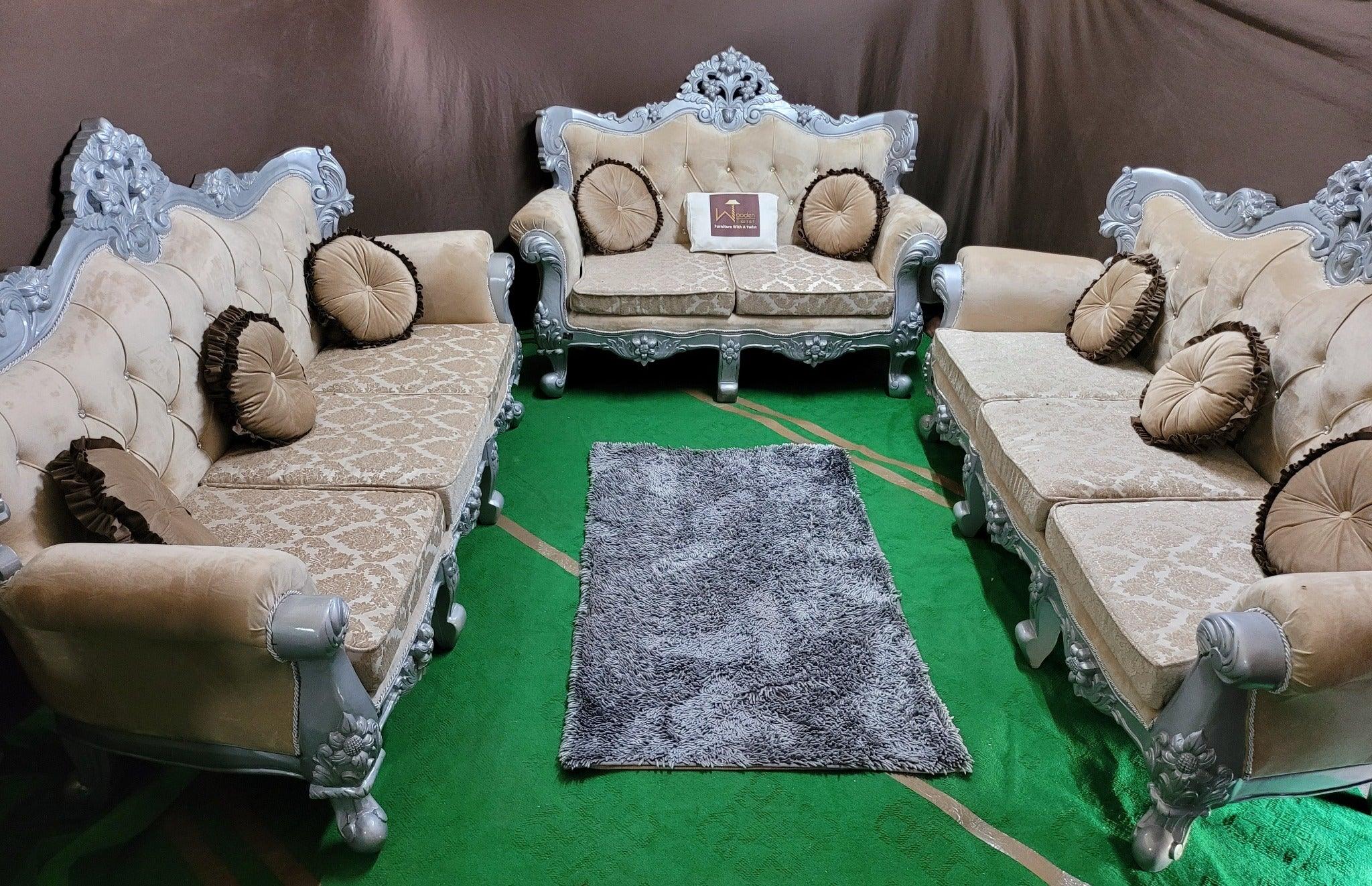 Royal Antique Silver Carved Maharaja Sofa Set 8 Seater - WoodenTwist