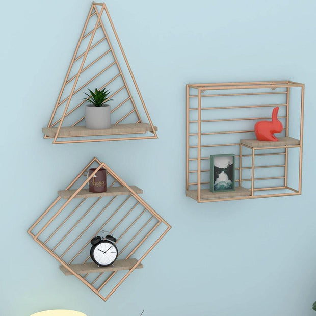 Metallic Twist Wood Iron Storage Wall Shelf Set Of 3 - WoodenTwist