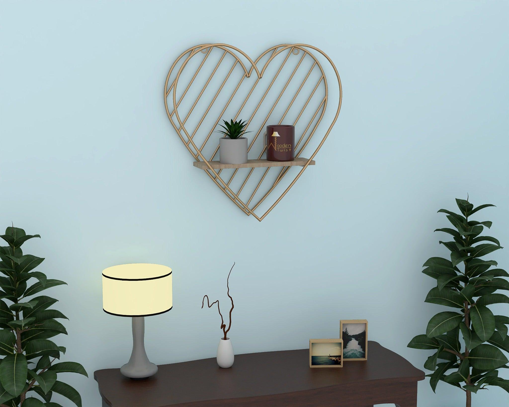 Heart shape golden wooden wall shelf dimensions