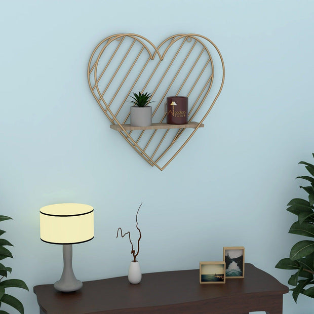 Heart shape golden wooden wall shelf dimensions
