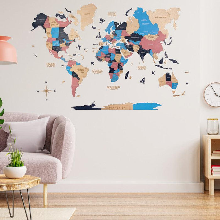 3D Colored Wooden World Map Prime - WoodenTwist
