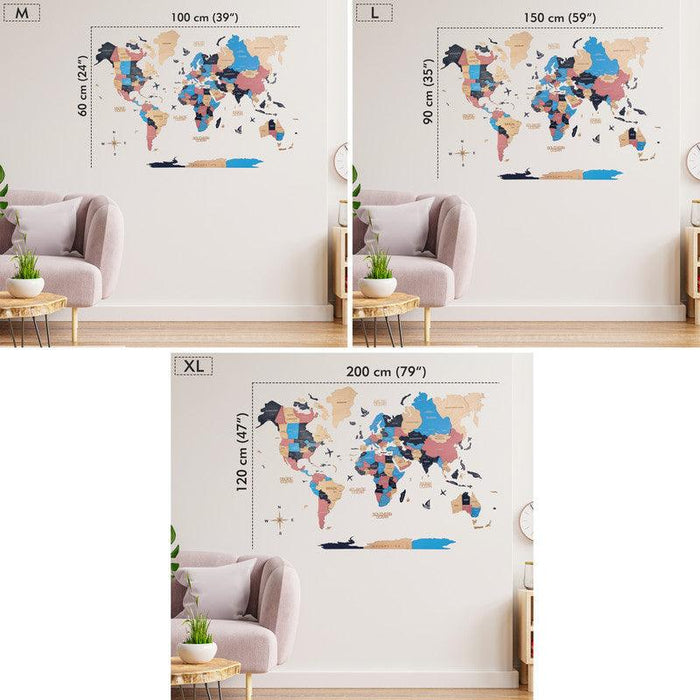 3D Colored Wooden World Map Cotton Candy Basic - WoodenTwist