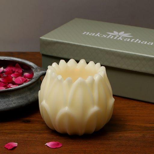 Hand Modules Lotus wax filled votive in ivory white to add a subtle sparkle - WoodenTwist