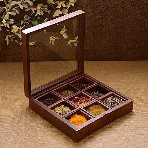 Wooden Spice Box Container - Spice Masala Box Holder on kitchen counter