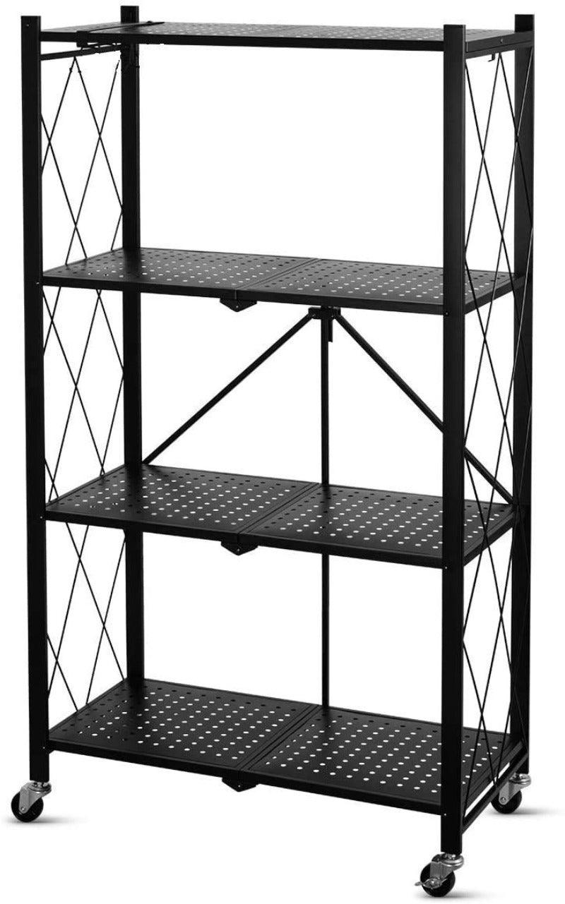 Metal Adjustable and Foldable Storage Rack Unit with Wheel 4 Layer Foldable (Black) - WoodenTwist