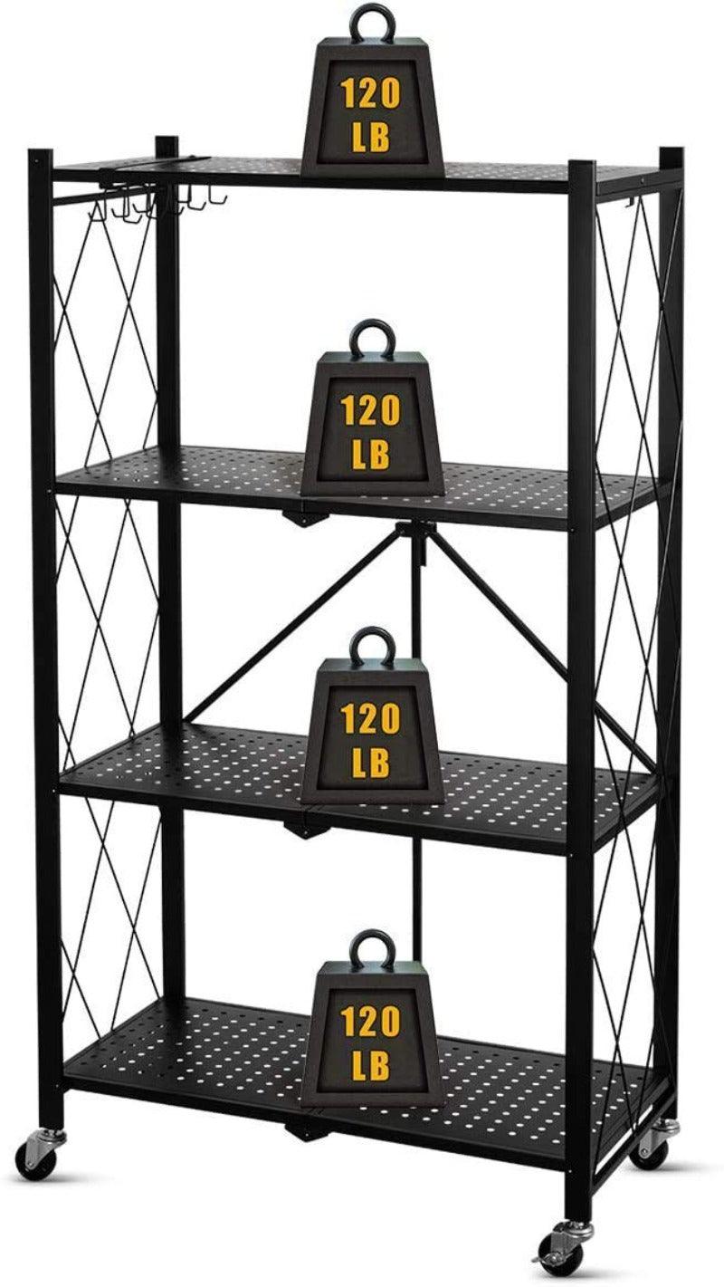 Metal Adjustable and Foldable Storage Rack Unit with Wheel 4 Layer Foldable (Black) - WoodenTwist