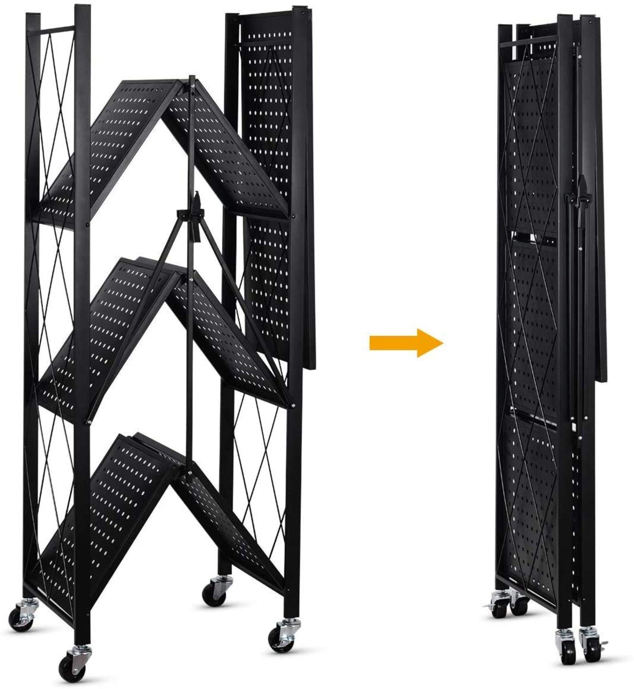 Metal Adjustable and Foldable Storage Rack Unit with Wheel 4 Layer Foldable (Black) - WoodenTwist