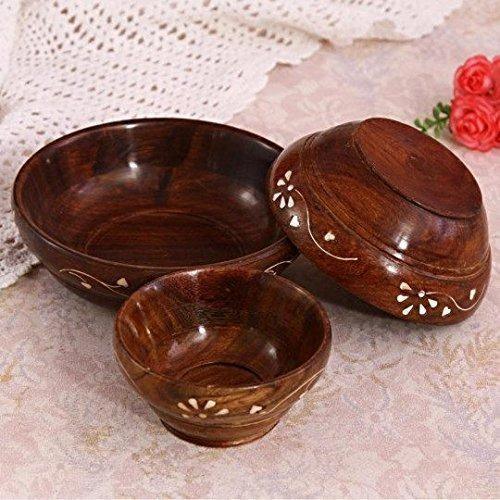Sheesham Wood Handcarved Bowl Set of 3 with Tea Spoons