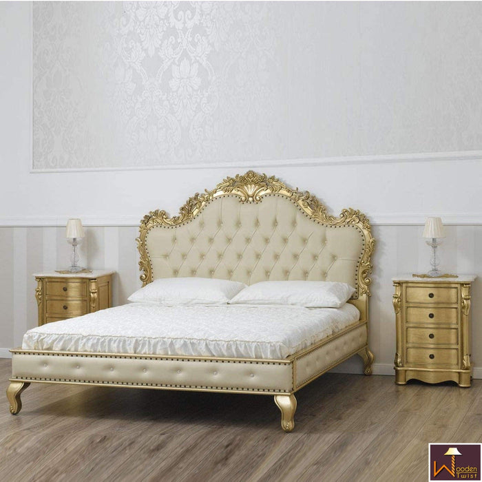 Golden Queen Size Teak Wood Bed Heavy Carved with Cushioned Design - WoodenTwist