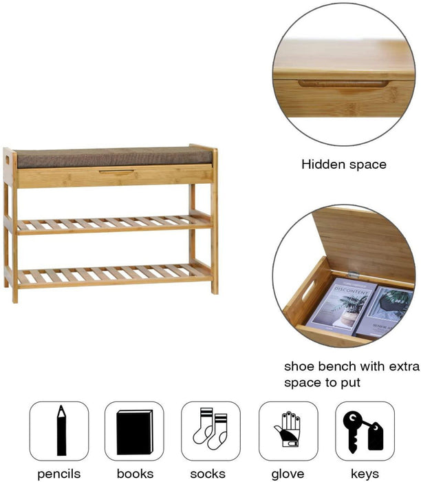 2 Tier Shoe Bench, Shoe Rack with Hidden Drawer and Side Holder, Shoe  Storage Bench Organizer for Entryway Hallway Living Room, Bamboo Material