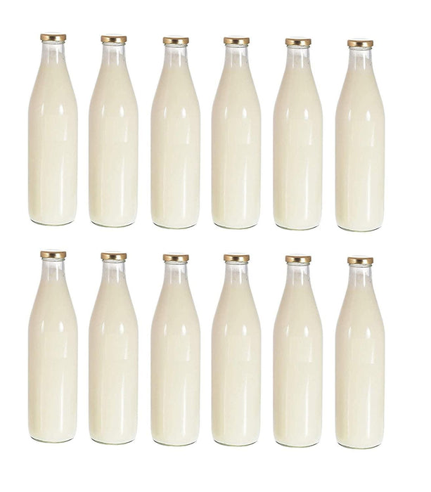 Crystal Clear Glass Milk Bottle with Air Tight Metal Lid Bottle for Milk, Juice, Water of Liquid (500ml Pack of 12 Pcs) - WoodenTwist