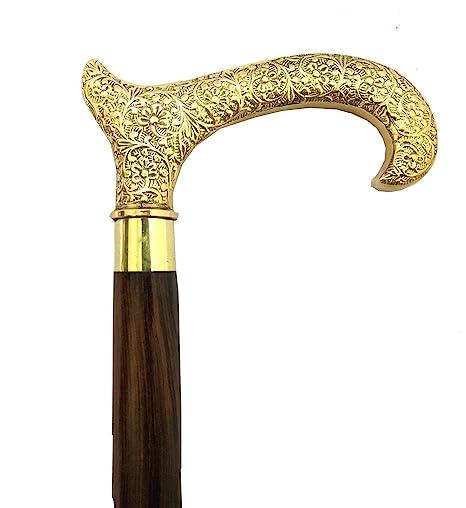 Antique Brass Design Head Handle Vintage Style Wooden Walking Cane Stick - WoodenTwist