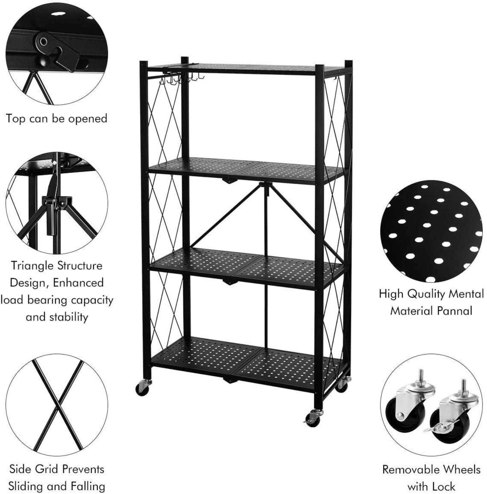 Metal Adjustable and Foldable Storage Rack Unit with Wheel 4 Layer Foldable (Black) - WoodenTwist