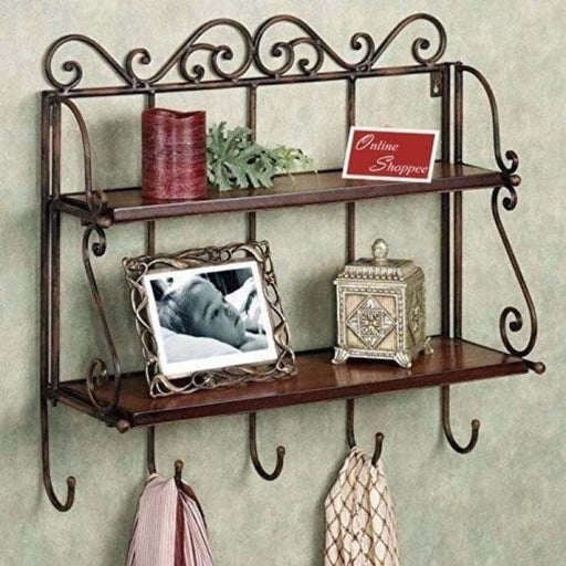 Wooden & Iron 2 Shelf Book/ Kitchen Rack With Cloth/Key Hanger - WoodenTwist