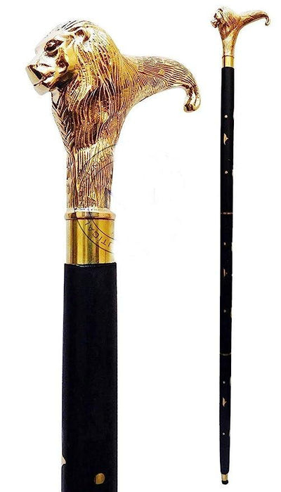 Antique Brass Handle Vintage Style Wooden Walking Cane Stick With Antique Lion Design - WoodenTwist