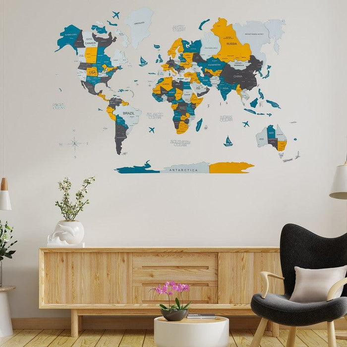 3D Colored Wooden World Map Basic - WoodenTwist